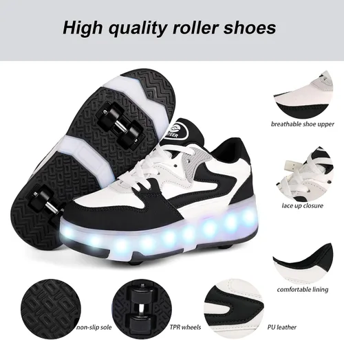Vista 3 de Ufatansy - Zapatos con ruedas para patinar para niños y niñas, con 4 ruedas desmontables, 16 modos de luces LED de colores, zapatillas deportivas