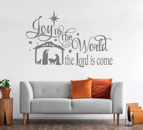 Vista 2 de Joy to The World - Calcomanías de pared con citas de Navidad Belén, vinilo para pared, decoración navideña LC015 (gris)