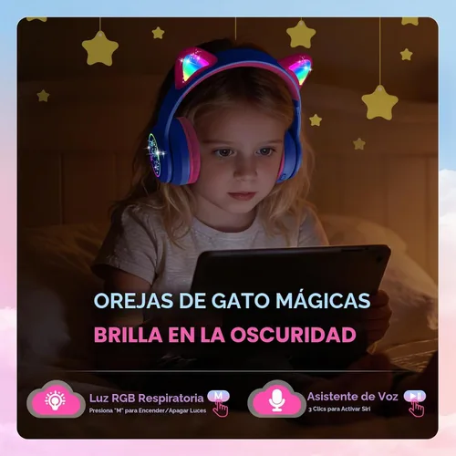Vista 4 de IFECCO - Auriculares inalámbricos para niños con funda, linda oreja de gato con luz LED, tiempo de reproducción de 50 horas, volumen seguro
