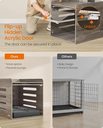 Vista 4 de Feandrea Mueble moderno para perros con estación de carga, pequeña perrera interior con puerta acrílica oculta abatible, para perros pequeños