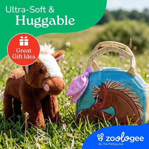 Vista 6 de The Petting Zoo Juego de peluche y bolso de caballo marrón, regalos para niños, juguete de animales de vida silvestre, juguete de peluche de caballo