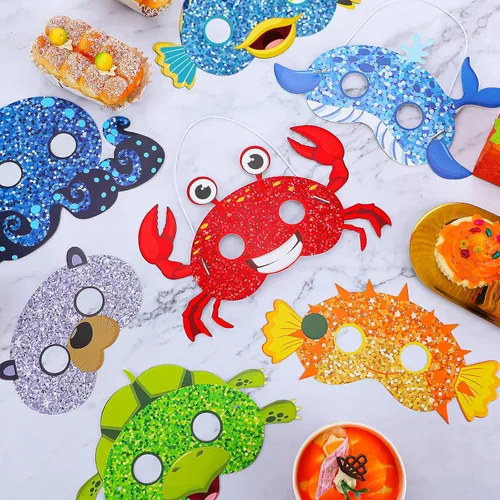 Vista 7 de Minatee 24 máscaras para niños bajo el mar, océano, animales, cumpleaños, divertidas máscaras para niños, suministros de fiesta bajo el mar, océano