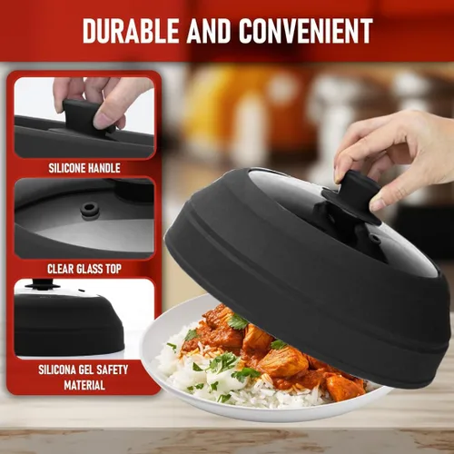 Vista 3 de Cubierta de vidrio para microondas para alimentos, tapa grande de vidrio templado y silicona de 10.8 pulgadas, resistente al calor, protector