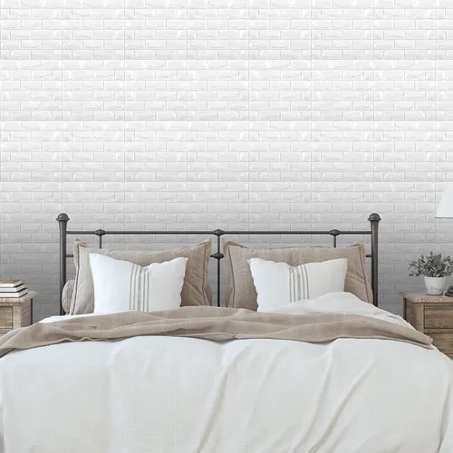 Vista 4 de 11 piezas de paneles de pared 3D de ladrillo falso adhesivo de despegue y pegado, papel tapiz de ladrillo blanco, paneles de pared de espuma