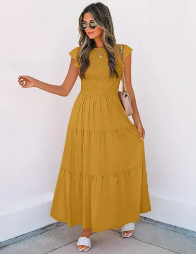 Vista 6 de ZESICA - Vestido por debajo de la rodilla para mujer, diseño informal y escalonado de manga corta, con cuello redondo y cintura elástica fruncida