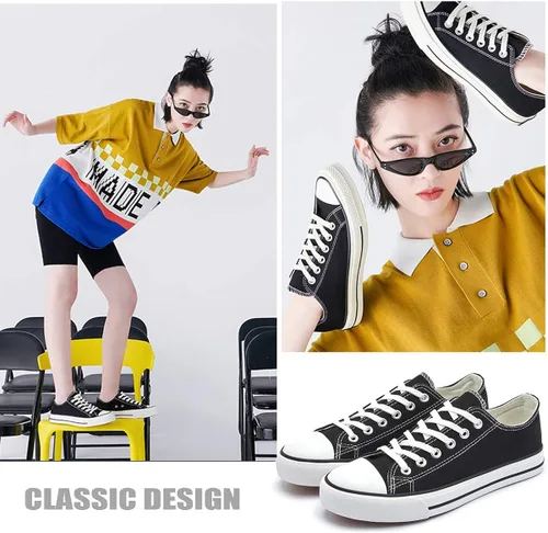 Vista 4 de Tenis de lona para mujeres, zapatos de lona de corte bajo con cordones, zapatos de tenis casuales