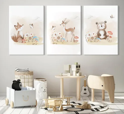 Vista 4 de MIZILI Lienzo de animales del bosque para cuarto de bebé, arte de pared, pinturas de animales salvajes, acuarela, decoración de pared, oso zorro