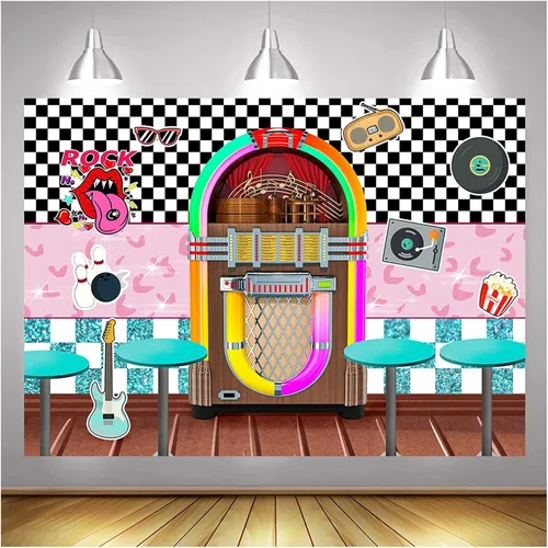 Vista 9 de XLL Fondo de fotografía de Sock Hop de los años 50 Back to 1950s Soda Shop Fondos de fotos Rock Roll Party 50s Retro Diner Time Rock Roll Decoración