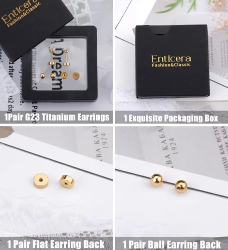 Vista 7 de Enticera G23 Aretes de Titanio 5A+Circonita Cúbica Aretes de Botón con Parte Trasera Plana Aretes Hipoalergénicos de Oro 14K Aretes 2-5MM