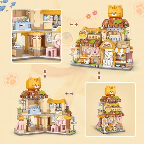 Vista 3 de Street View Cute Cat Shop Mini Bloques de Construcción, Juguetes de Construcción Creativos MOC Set de Construcción de Animales Lindos para Niñas