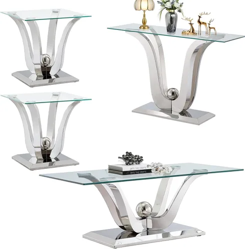 Vista 10 de SSLine Mesa de centro moderna de 1 pieza para sala de estar, mesa de centro de vidrio templado de lujo con base de acero inoxidable en forma de flor