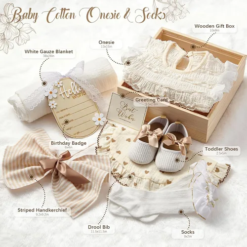 Vista 2 de Golray Cesta de regalo de madera para bebés, niñas recién nacidas, juego de tela con mameluco/zapatos suaves/calcetines/manta/babero/diadema/hito