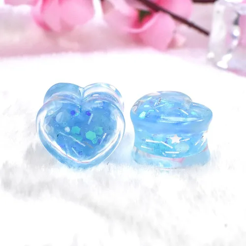 Vista 4 de 6 unids3 pares brillando Paillette en forma de corazón medidores de oreja túneles y enchufe acrílico dilatador de oreja Stud estirando