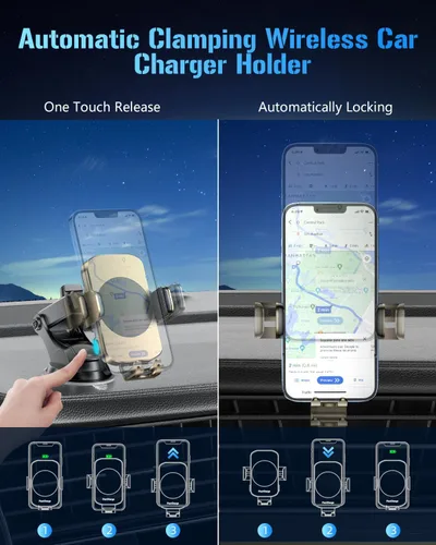 Vista 4 de Soporte inalámbrico 3 en 1 para cargador de automóvil, soporte de teléfono de carga rápida de 15 W para iPhone 17 16 15 14, Samsung Galaxy S24 S23