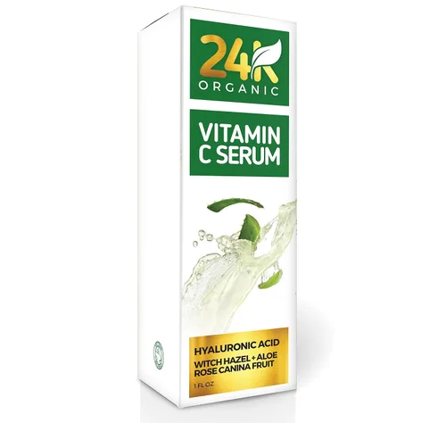 Vista 3 de Suero de vitamina C 24K para cara, suero facial tópico antienvejecimiento con ácido hialurónico y hoja de aloe, 1 onza líquida