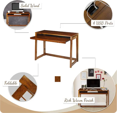 Vista 4 de Casual Home Escritorio plegable con puertos extraíbles y USB Café cálido