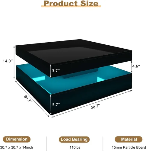 Vista 2 de HedoAjim Mesa de centro LED negra para sala de estar, mesa de sala de estar, mesas centrales cuadradas de 2 niveles, mesas de centro de madera