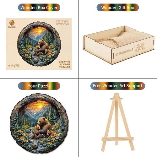 Vista 5 de Rompecabezas de madera para adultos, efecto visual 3D, oso marrón, abrazo, rompecabezas de madera para niños, rompecabezas de madera de forma única