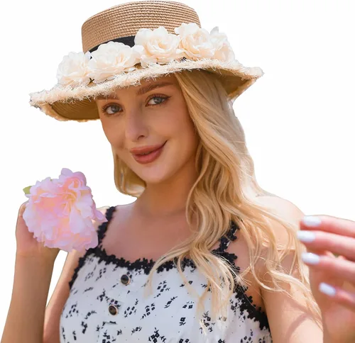 Vista 9 de Sombrero de paja para mujer con protección solar UPF 50+, sombrero de flores UV de viaje de verano