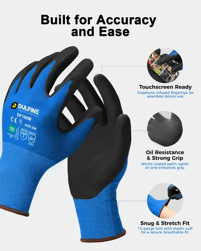 Vista 2 de Guantes de trabajo de seguridad con revestimiento de nitrilo de microespuma, paquete de 12 pares, guantes de nailon de punto sin costuras azules