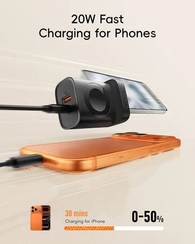 Vista 4 de VRURC Cargador para iPhone y Apple Watch, bloque de carga rápida USB C de 20 W, adaptador de viaje compacto 3 en 1 con 2 puertos para iPhone