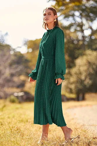 Vista 7 de PRETTYGARDEN Vestido midi de otoño 2024 para mujer, casual, manga larga, cuello en V, lunares suizos, plisado, acampanado, vestidos fluidos