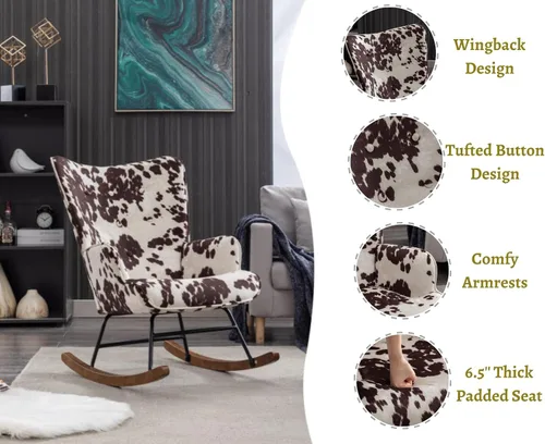 Vista 4 de EALSON Mecedora tapizada de tela, silla mecedora con respaldo copetudo y base de madera, sillón moderno y cómodo para dormitorio, sala de estar, vaca