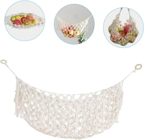 Vista 8 de Bolsa de red de almacenamiento de cocina, hamaca de frutas colgante, decoración de macramé, cesta de frutas de macramé, organizador