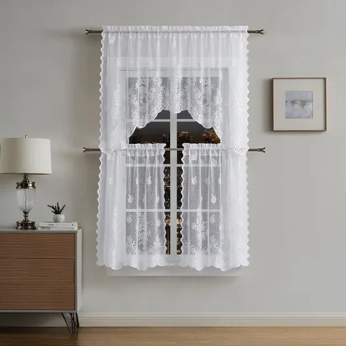 Vista 6 de Warm Home Designs El paquete de 3 cortinas de lino dorado para ventana de cocina incluye 2 niveles de 24 pulgadas y cenefa con festón. Juego