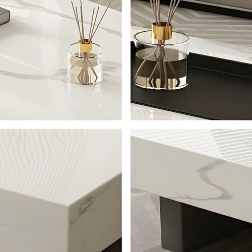 Vista 8 de LAKIQ Mesa central rectangular para sala de estar, mesa de centro moderna con parte superior de piedra con bandeja negra pequeña