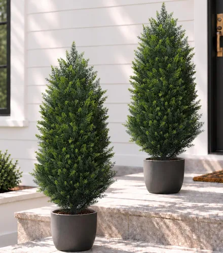 Vista 8 de Árboles de ciprés artificiales de 5 pies, 2 árboles de cedro sintético resistentes a los rayos UV para macetas al aire libre, arbustos de cedro