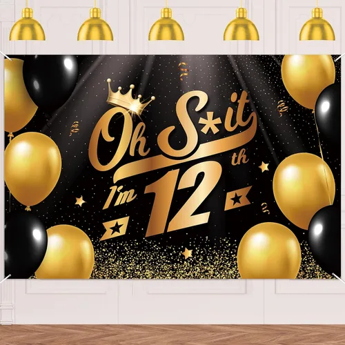 Vista 28 de Oh S*hit I'm 10th Banner telón de fondo negro dorado globos corona confeti Hallo Quince Cheers to 10 años decoración temática decoración para hombre
