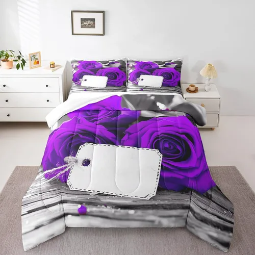 Vista 17 de Juego de edredón de rosas rojas, tamaño individual, juego de ropa de cama floral rojo degradado negro para niñas, mujeres, niños, adolescentes