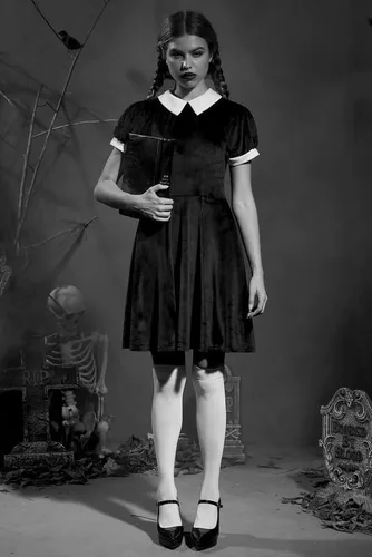 Vista 2 de Spadehill Halloween Women's Costume Velvet Peter Pan Collar Black Dress