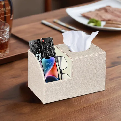 Vista 6 de Funda cuadrada de cuero PU para caja de pañuelos – Soporte multifuncional para caja de pañuelos, cubierta de caja de pañuelos con almacenamiento