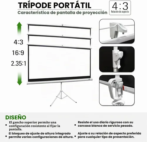 Vista 3 de Akia Screens Pantalla de proyector de 100 pulgadas con soporte, 4:3 HD, pantalla portátil de trípode, 1.1 ganancia, sin arrugas