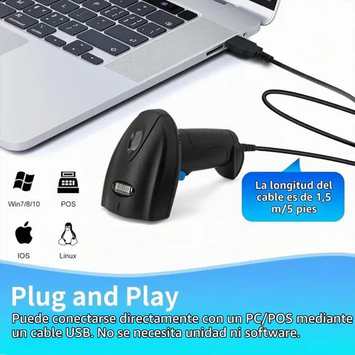 Vista 2 de Escáner de código de barras USB 1D con cable CCD, lector de código de barras compatible con pantalla, escáneres de código de barras para tienda