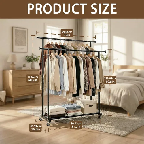 Vista 2 de Perchero de doble barra para colgar ropa, portátil, con ruedas, perchero de metal resistente con estantes dobles para dormitorio, lavandería, sala
