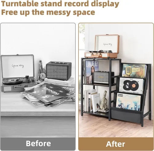 Vista 6 de Bikoney Soporte para Tocadiscos, Soporte para Tocadiscos con Almacenamiento de Discos de Vinilo de 3 Niveles, Mesa para Tocadiscos de Hasta 200