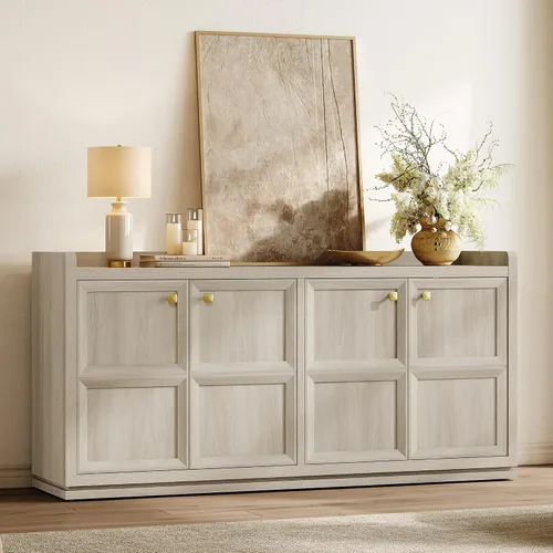 Vista 12 de SICOTAS - Armario buffet de 61.7 pulgadas, aparador de 4 puertas, cocina, sala de estar, roble marrón Geometric Doors & Elegant Gold Handle