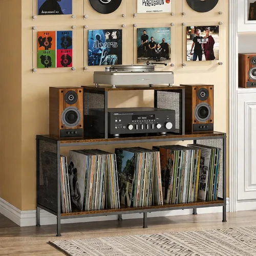 Vista 11 de Sonyabecca 3-Tier Record Player Stand with Adjustable Vinyl Storage, Black Vinyl Record Storage Up to 350 Albums, 4 Adjustable Dividers, Large
