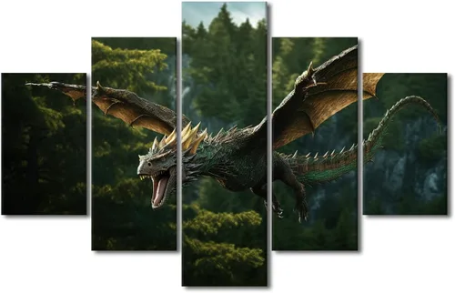 Vista 75 de Lienzo decorativo para pared de sala de estar, lienzo de dragón, 5 paneles, dragón verde, decoración de pared para el hogar, decoración de pared