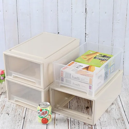 Vista 2 de Gloreen Cajones de almacenamiento apilables de plástico de 12 L, 3 paquetes de caja de cajón compacta de escritorio Beige
