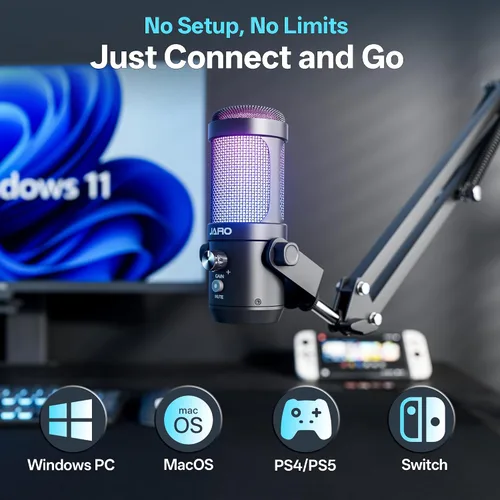 Vista 3 de JARO Micrófono USB para podcast con brazo de brazo, micrófono de condensador de estudio con monitoreo en tiempo real, silencio, control de volumen