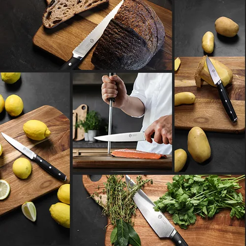 Vista 6 de Juego de cuchillos de cocina MasterChef con bloque y afilador más tijeras, juego de 15 cuchillos de chef de grado profesional con cuchillas de acero