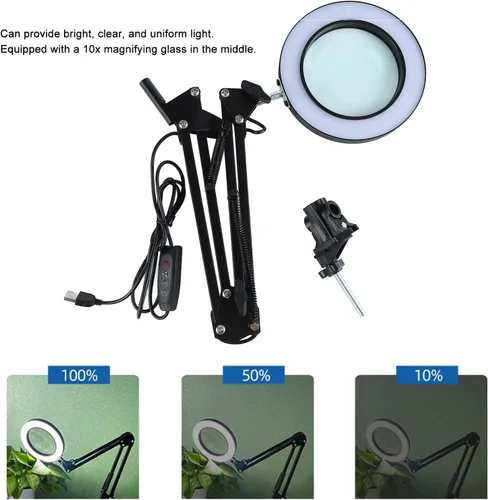 Vista 5 de Lámpara de aumento LED con abrazadera, 2.200 lupa regulable súper brillante con luz y soporte, lámpara de lupa de brazo giratorio ajustable