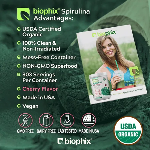 Vista 3 de biophix Polvo orgánico de espirulina de 2.2 libras, sabor a cereza negra, superalimento rico en proteínas, rico en nutrientes, potente antioxidante