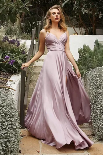 Vista 4 de TIRAS Vestidos de dama de honor de satén de seda con tirantes delgados, largos, formales, sexy, con abertura alta, vestidos de fiesta para mujer