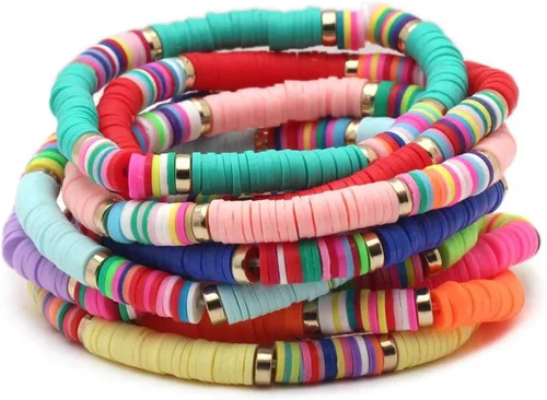 Vista 4 de CASDAN 14 pulseras Heishi para mujer con cuentas de disco de vinilo arco iris Srting Stack pulsera surfista cuerda elástica pulseras verano playa