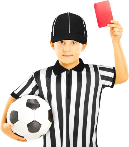 Vista 7 de Conjunto de disfraz de árbitro de Halloween para niños, camiseta de árbitro de rayas blancas y negras, camisa de árbitro con cuello volcado, silbato